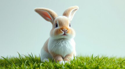 Fototapeta premium A white and brown bunny with soft fur sits in a bed of bright green grass. Its ears are perked up and it has a curious expression on its face. The background is a soft, pale blue