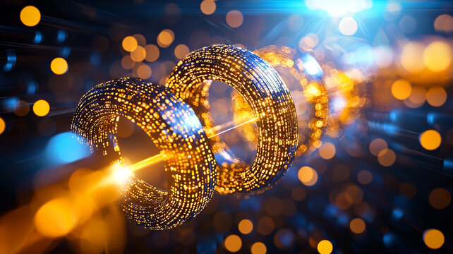 Abstract representation of luminous rings connected by flowing light trails, surrounded by vibrant bokeh effects