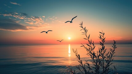 Fototapeta premium Tranquil Sunset, Birds in Flight Over Calm Ocean Waters