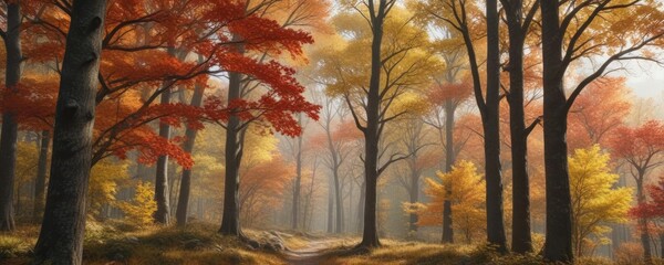 Dense canopy of Ozark Mountain trees with vibrant autumn colors , mountain woods, rural scenery