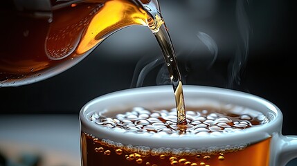 A steaming cup of tea being poured from a glass teapot, showcasing rich amber tones and bubbles