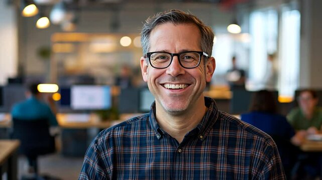 Smiling IT specialist working in a contemporary shared office environment.