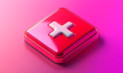 Obraz premium Red square button with white cross, pink background, medical app icon