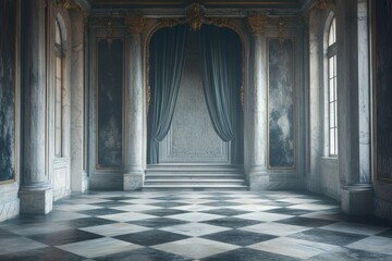Fototapeta premium Elegant empty grand hall with marble floors and majestic curtains in historical architecture