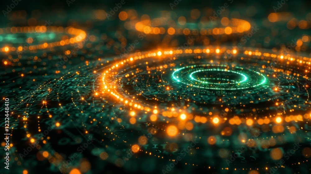 Leinwandbilder swirling orbs of light emit warm orange and cool turquoise hues, illuminating intricate digital patt