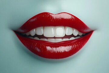 Obraz premium A close-up of beautiful red lips with a bright smile showing white teeth