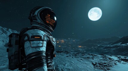 Exploring interactive holograms in a high-tech spacesuit on a lunar landscape at night