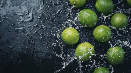 Fresh limes with water droplets on a black background. The left-side space is perfect for adding text or a logo, close-up