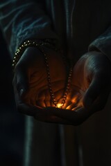 Glowing amulet in cupped hands, dark background, hope concept, website banner