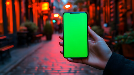 Hand Holds Smartphone with Green Screen in City Night Street with Blurred Background