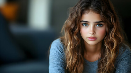 Fototapeta premium Portrait of Young Woman with Wavy Hair Looks Directly at the Camera with Calm Expression