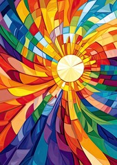 Abstract Colorful Swirling Radiating Pattern with Central Bright Sun-like Shape, Reminiscent of Stained Glass or a Kaleidoscope