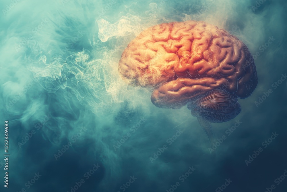 Poster creative representation of a brain surrounded by wispy smoke in an abstract style