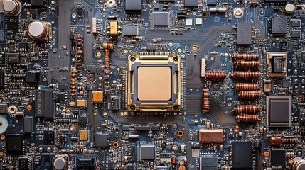 A detailed close-up of a computer motherboard showing the central processing unit (CPU) encircled by various electronic components and complex wiring.