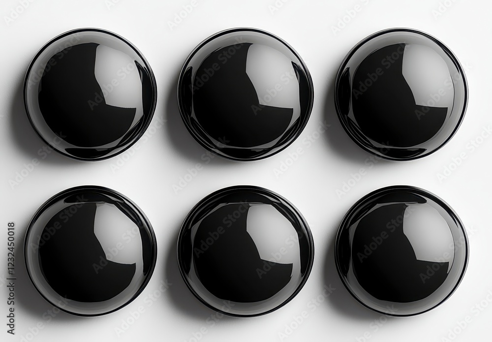 Poster six glossy black spheres arranged in a grid pattern on a white background. the image is simple, clea