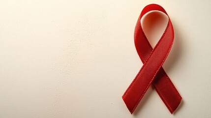 Red ribbon symbolizing awareness and support for health causes, displayed against a neutral background