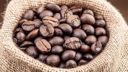 Brown Coffee Beans in Jute Bag on Brown Background for Coffee Lovers