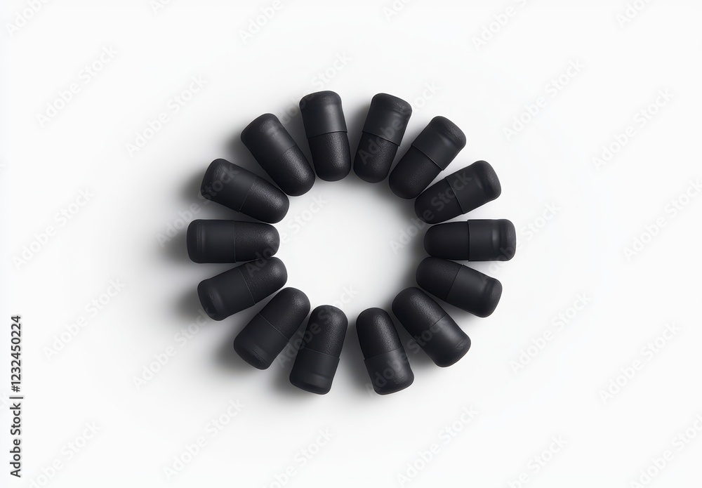 Aufkleber overhead shot of sixteen dark gray cylindrical objects arranged in a circle on a white background. t