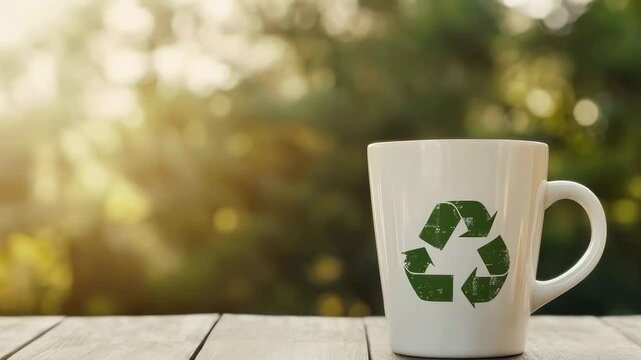 White mug featuring green recycle symbol stands on wooden table against backdrop of blurred natural scenery, embodying eco friendly practices and waste management