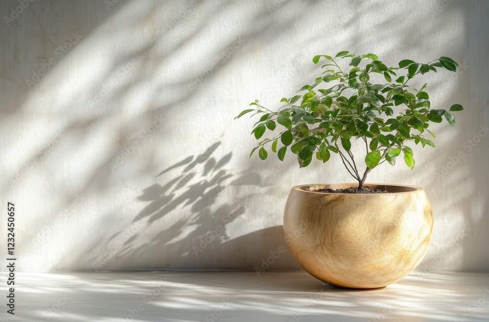 Wall mural A small green plant in a speckled beige pot sits on a white surface against a light beige wall, bathed in soft, dappled sunlight. The shadows cast by