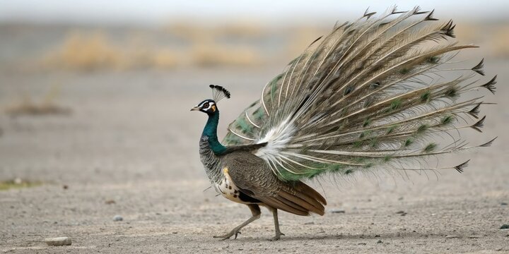 Displaying courtship behavior with raised hackle feathers, displaying, sandgrouse, Pterocles gutturalis, Africa