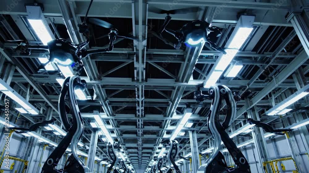Poster advanced robotic assembly line showcasing high-tech automation and futuristic production processes