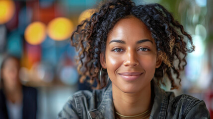A confident young Black woman with curly hair smiles warmly at the camera, wearing casual clothing. Bright, natural lighting enhances her friendly and approachable expression.