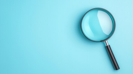 Seo keywords trends. Magnifying glass on a blue background for analysis or investigation concepts.