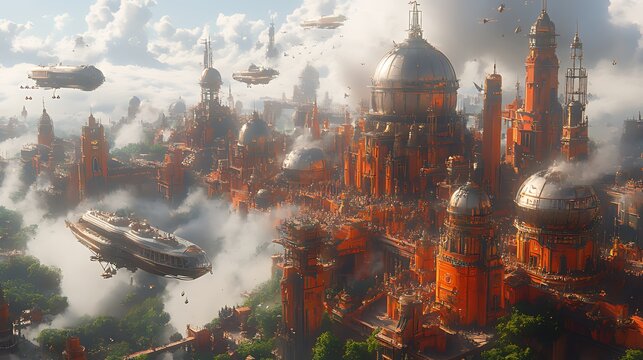 Aerial view of futuristic city, flying ships, cloudscape