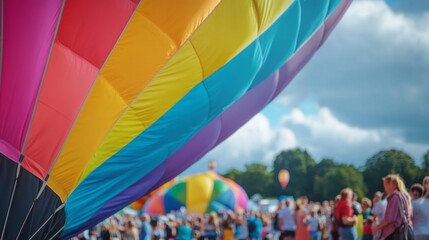 A vibrant hot air balloon prepares for flight. Colorful patterns create a joyful atmosphere. People gather below in anticipation of the ascent. Generative AI