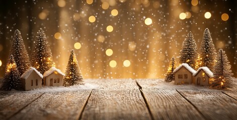 Warm golden bokeh lights illuminate a snowy winter scene with miniature houses and trees on a rustic wooden table. A festive, cozy atmosphere is