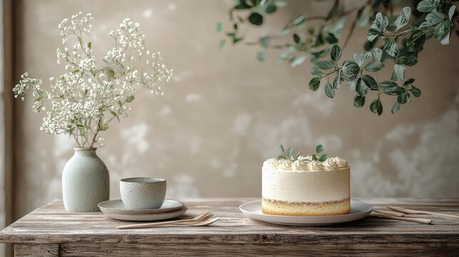 Minimalist cake display with elegant floral decor on rustic wooden table - Powered by Adobe