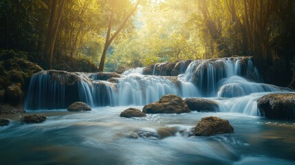 Serene Waterfall in Lush Tropical Forest: A Tranquil Escape