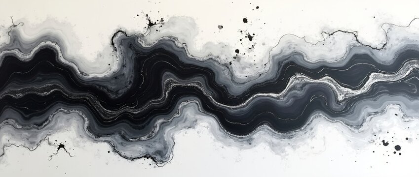 Black alcohol ink paint stroke flowing on white background. Watercolor splash, painting effect. Marble style. Abstract art design. Smoke or marble canvas texture