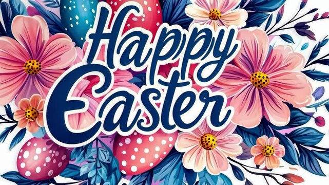 Colorful easter floral arrangement with decorated eggs and vibrant botanicals. Happy Easter