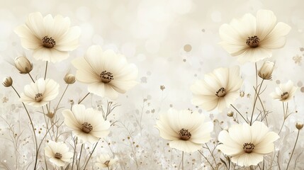 Soft beige and white flowers in a blurred background. The image has a dreamy, romantic atmosphere. Delicate stems and petals are visible, creating a