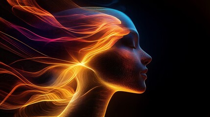 Obraz premium Woman profile, light trails, dark background, concept