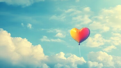 Fototapeta premium Heart Shaped Balloon Soaring in a Blue Sky with Fluffy Clouds