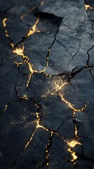 Obraz premium Glowing cracks in dark rock surface; abstract background for design