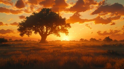 Solitary tree silhouetted against a vibrant orange and yellow sunset over a field of tall grass. Warm light bathes the landscape, creating a serene
