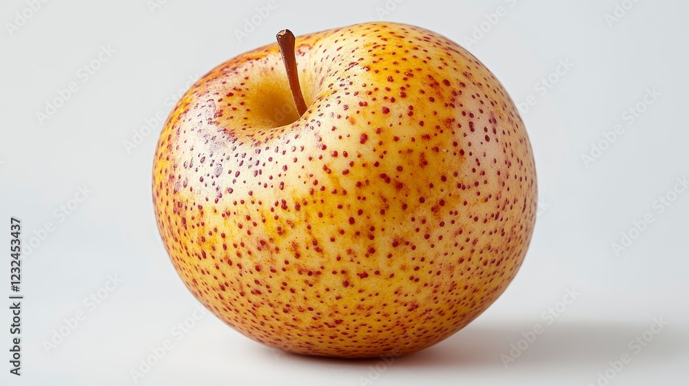 Poster close up view of a speckled yellow pear against a white background. the pear shows subtle variations