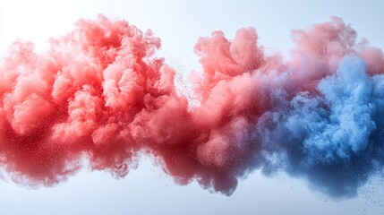 Fototapeta premium A high-speed photography capture depicts a dynamic burst of vivid blue and vibrant red powder, creating a dramatic color explosion on a white background, with merging clouds of paint in motion
