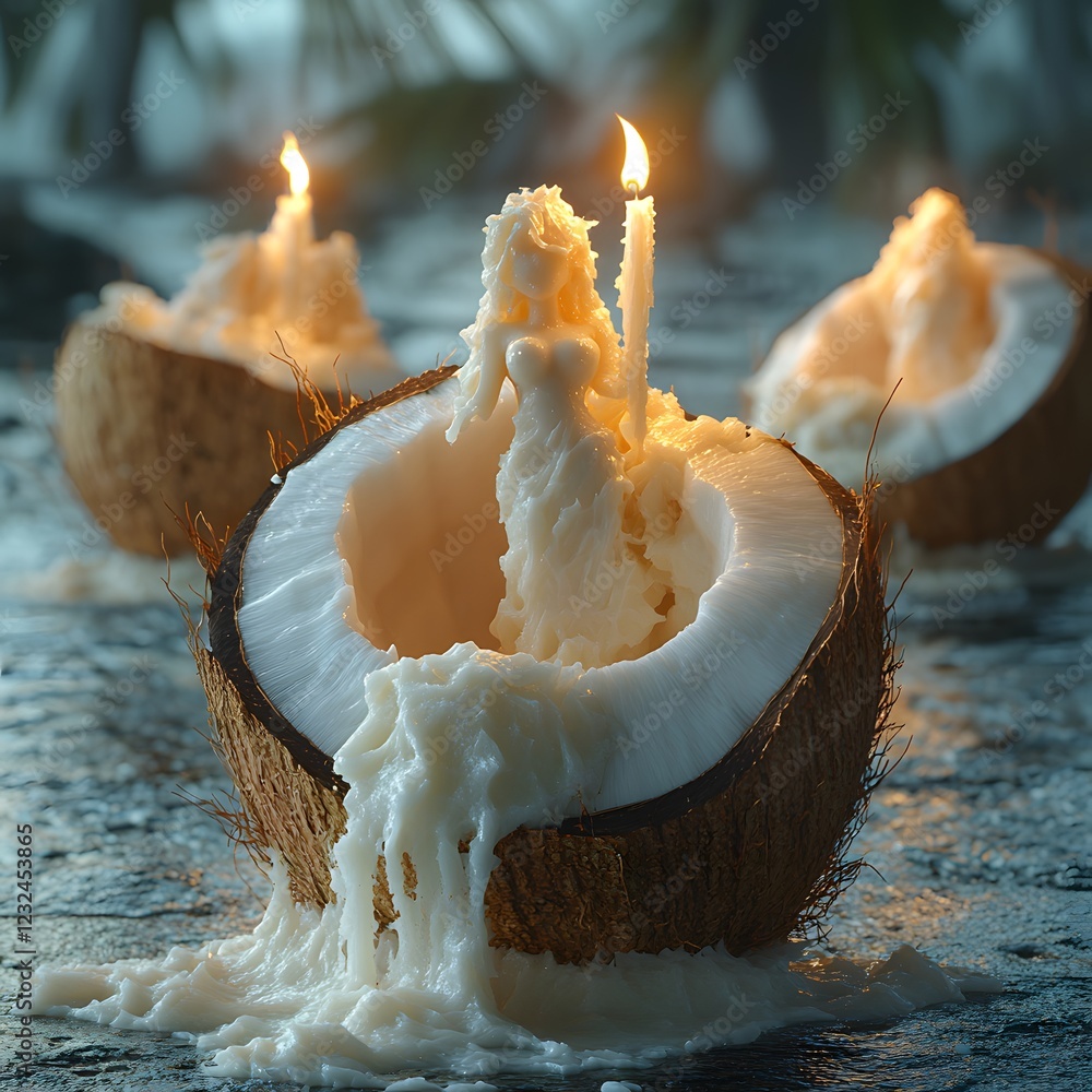 Poster hyperrealistic closeup rendering of a coconut halved vertically with the milk shaped into a woman fi
