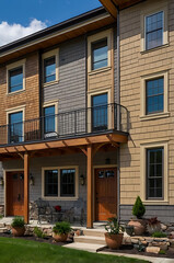 Modern Townhouse Exterior: Architectural Design and Landscaping.  Luxury Real Estate, Contemporary Home Facade, Residential Property