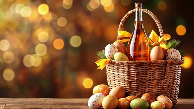 Festive easter basket with painted eggs and sparkling wine on wooden table. Happy Easter