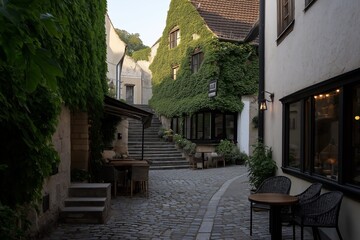 Obraz premium A narrow alleyway with a stone walkway and a row of tables and chairs