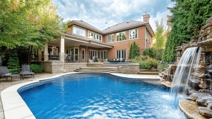 Fototapeta premium Luxury home backyard pool, waterfall, autumn