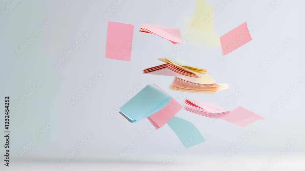 Poster levitating pastel colored sticky notes and paper sheets create a dynamic, playful composition agains