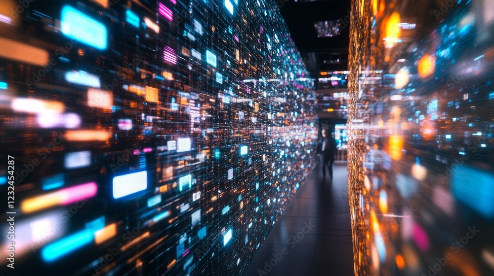Poster exploration of vibrant digital patterns in a futuristic corridor with captivating lighting