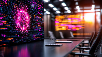 Modern conference room with digital displays showcasing vibrant data visualizations and a warm sunset glow